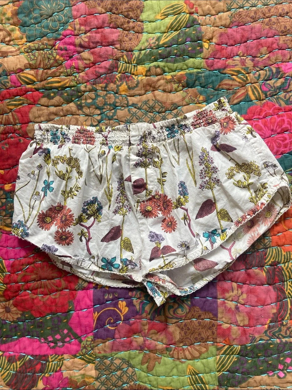 Anthropologie White Floral-Print Elastic Waist Cotton Shorts XXS
